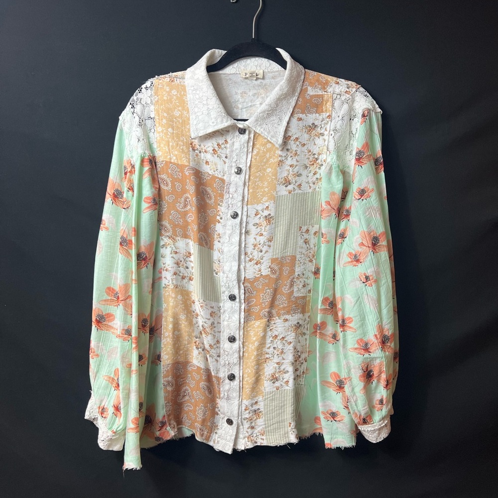 POL Patchwork Floral Button-Down Shirt in Mint, C… - image 2